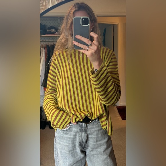 ECKHAUS LATTA Yellow Brown Stripe 100% Merino Wool Knit Crochet Keyboard Sweater - Picture 3 of 15